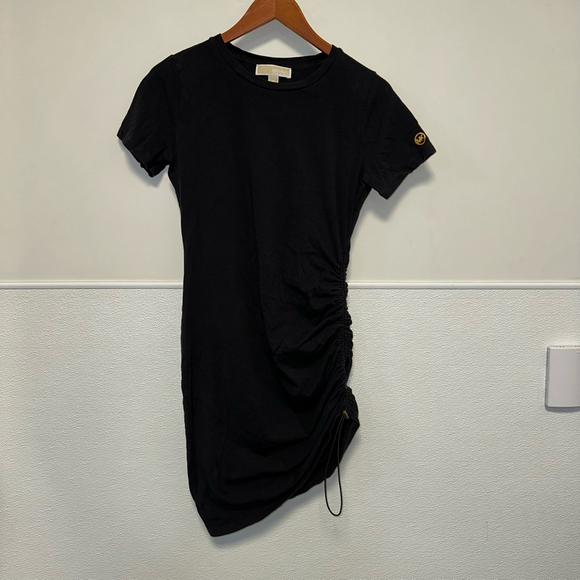 Michael Kors Tee Shirt Dress with Ruching Medium Women’s Black Gold Short Sleeve - Picture 1 of 13